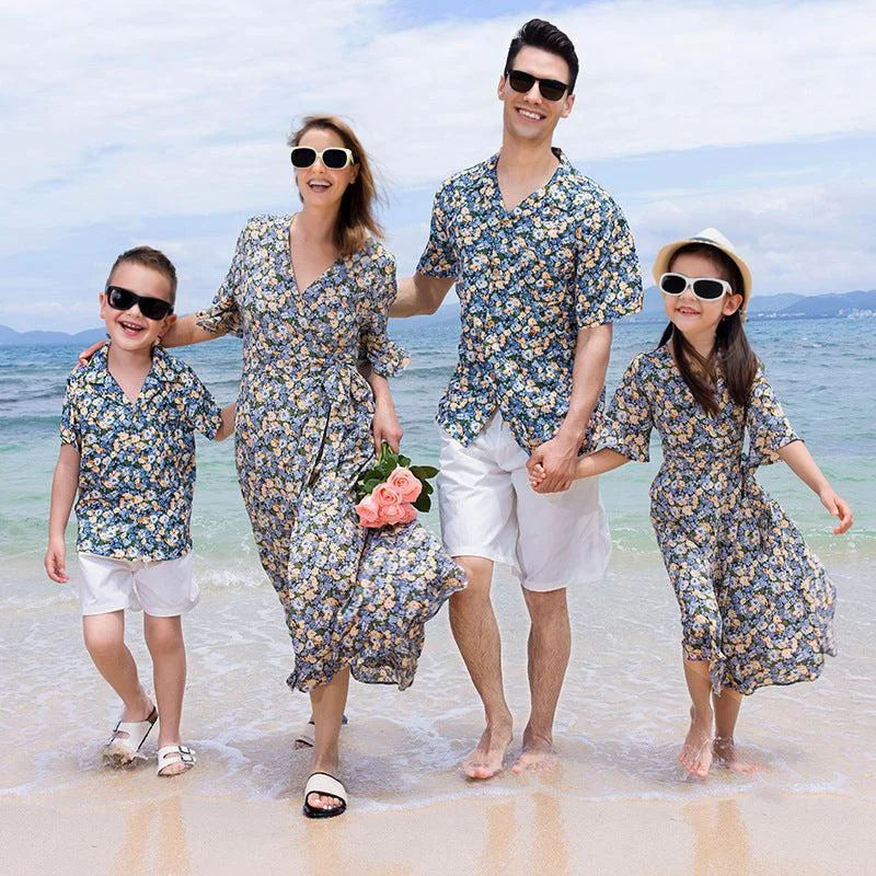 Family Matching Floral Shirt and Dress - A Charming and Coordinated Look Tunics Hiking breathable