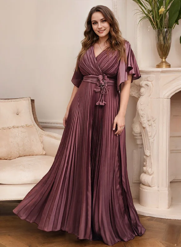 A-Line/Princess V-Neck Short Sleeves Mother of the Bride Dresses with Belt Square Neckline Feminine
