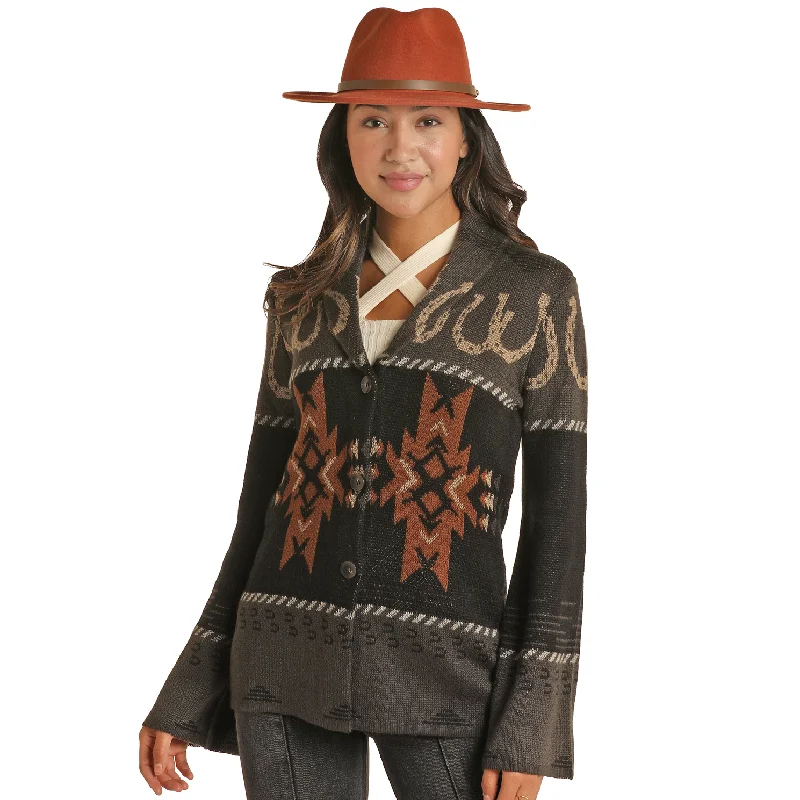 Powder River Ladies Horseshoe & Aztec Black Knit Cardigan PRWO95RZXC-01 Ribbed Striped Patterned