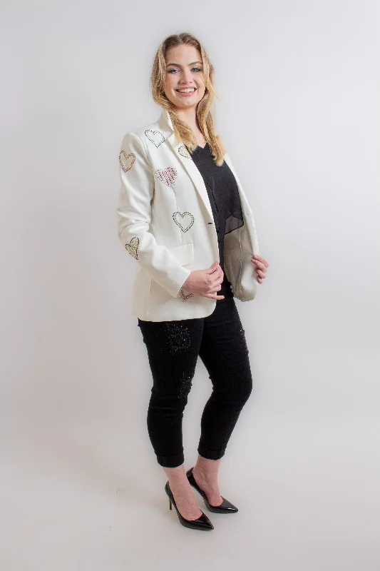 White Blazer w/ Hearts Women's Trendy Jacket