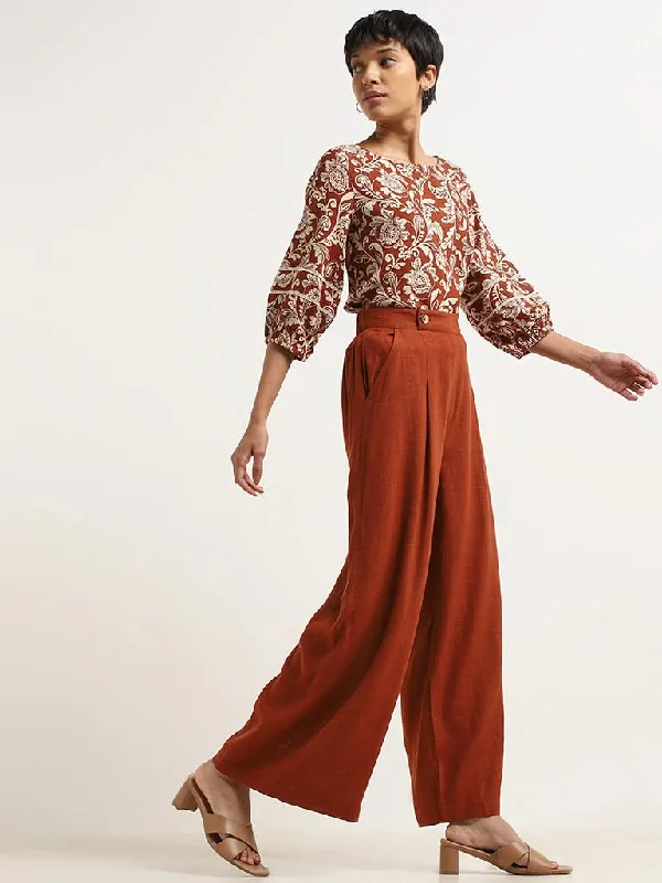 LOV Dark Rust Blended Linen Wide Leg Trousers Cropped Trousers Casual Linen