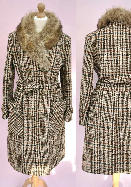 1960s Vintage Tweed Check Double Breasted Coat with Fox Trim Collar Square Neck One-Shoulder Off-the-Shoulder